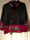 Women's Silk Kimono Jacket Exotic Birds Floral Embroidery Black Burgundy XXL 2X