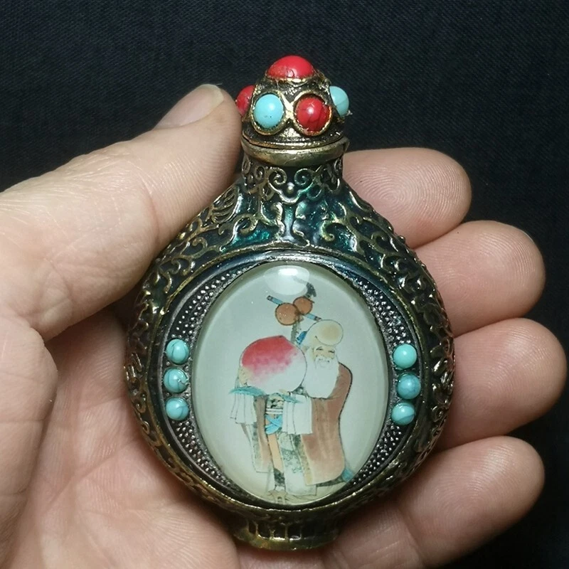 Incrustación de bronce chino de 3,2 pulgadas dios de la riqueza dios de la longevidad botellas de tabaco regalo Foto 1 de 4