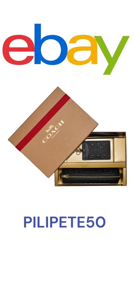 COACH Boxed Pencil Case & ID Lanyard Set Signature Leather Black Gift Set