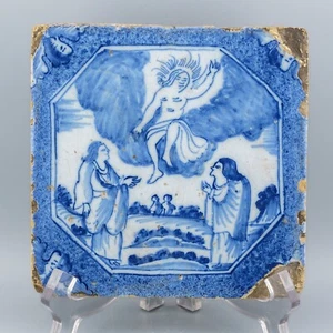 Antike niederländische Delfter Fliese blau weiß biblisch Christi Himmelfahrt um 1740 - Bild 1 von 12