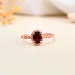 Oval Mozambique Natural Garnet Rose Gold Plated Silver Vintage Engagement Ring - Picture 1 of 7
