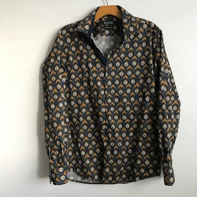 MENS DRESS SHIRT LARGE Blue Gold Peacock Feather Button Long Sleeve Collared - Image 1 of 4