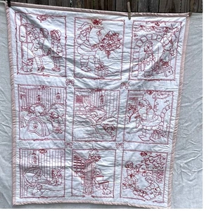 Childs Santa Christmas Throw Wall Hanging Red Work Embroidery Retro 1920s Style - Picture 1 of 10