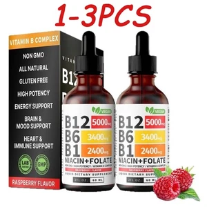 1-3PCS B12 and B6 Liquid Drops Sublingual B Complex,Vitamin 5000mcg - Raspberry - Picture 1 of 18