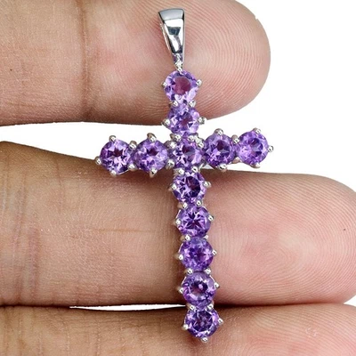 925 Pendente Argento Sterling Rotondo Ametista 4mm Croce Naturale Gemma Gioielli - Immagine 1 di 4