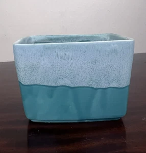 Vintage Mid Century Übertopf Türkis Blau & Weiß Ombré Tropfglasur "033 USA" 4,25" - Bild 1 von 16