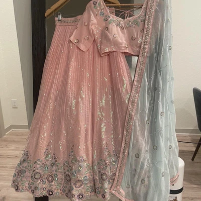 Beautiful georgette peachy pink color lehenga choli with pastel Embroidery - Image 1 of 4