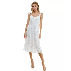 Lily Rose Molded Cup Flutter Sleeve Eyelet Midi Dress White Size M Cottagecore - Picture 1 of 14