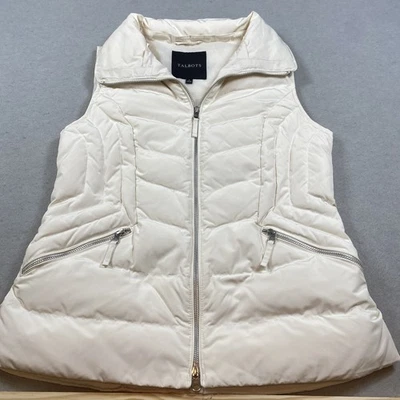 Chaleco Talbots Mujer Pequeño Marfil Acolchado Relleno Acolchado Bolsillos Cremallera Completa Brillante Foto 1 de 4