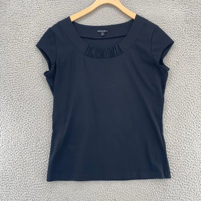 Lafayette 148 New York Top Womens Large Black Cap Sleeve Tee Smocked Neck Knit - Image 1 of 4