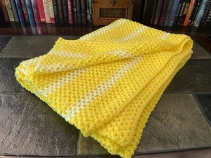 Crocheted Afghan 42x56” Vibrant Yellow and white - Picture 1 of 5