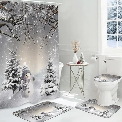 MEHOFOND 4pcs Winter Christmas Shower Curtain Sets with Non-Slip Rugs Toilet Lid - Image 1 of 4
