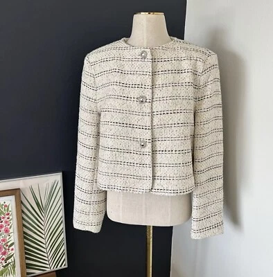 ZARA WOMAN Short Tweed BLAZER JACKET Textured Collarless Classic Silver Button L - Image 1 of 4