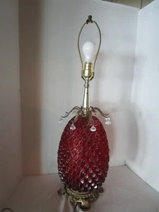 VTG. Cast Metal & Red flashed Glass Pineapple Table Lamp L&L WMC 30.5" t 1970's - Picture 1 of 12