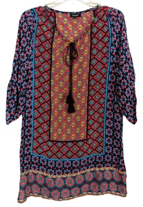 TOLANI 3/4" geraffte Ärmel V-Ausschnitt Quaste Seide Bohemian Boho Tunika Gr. S - Bild 1 von 8