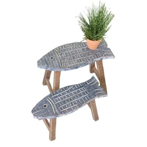 Set zwei maritime Holz Fisch Design Hocker Setzstufen kleine Tische - Bild 1 von 2