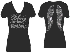 AÑO NUEVO ALAS DE ÁNGEL DIAMANTES DE IMITACIÓN DE NAVIDAD BLING VNECK CAMISETA DE MANGA CORTA - Imagen 1 de 3