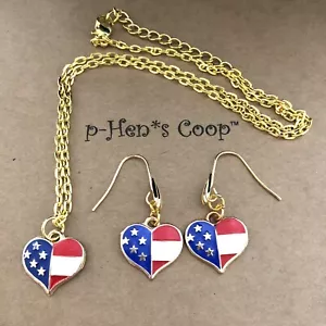 Flag Heart Red/white/blue Enamel Necklace (18”) Earring Set Artisan USA 1908 - Picture 1 of 4