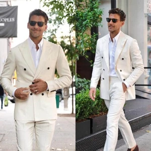 Weißer Zweireihiger Herrenanzug Gerade Hose Lässig Hochzeit Spitzkragen Sakko - Bild 1 von 11