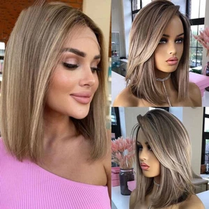 Brown Highlight Human Hair 13x4 Lace Front Short Bob Wigs Straight Glueless Wig - Picture 1 of 5