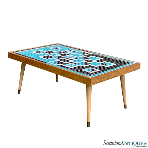 Mid-Century Atomic Mosaic Turquoise Porcelain Tile Top Coffee Table Cover