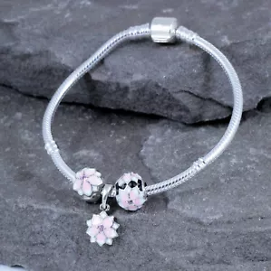.925 Sterling Silber CZ Europäisches Armband Armreif mit Charms Perlen Rosa Blume - Bild 1 von 5