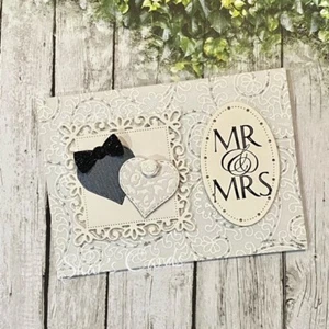 WEDDING Congratulations Card, Mr and Mrs, Tuxedo and Lace hearts, Handmade - Picture 1 of 9