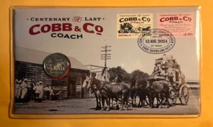 2024 $1 Centenary of Cobb & Co's Last Coach Passenger Service UNC Coin Stamp PNC - Foto 1 di 2