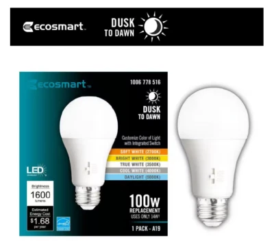 EcoSmart 100-Watt Equivalent A19 Dimmable CEC Dusk to Dawn LED Light Bulb 1 Pack - Image 1 of 4