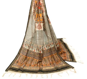 Sushila Vintage Folk Art Motifs Print Dupatta Pure Cotton Silk Cream Long Stole - Picture 1 of 9