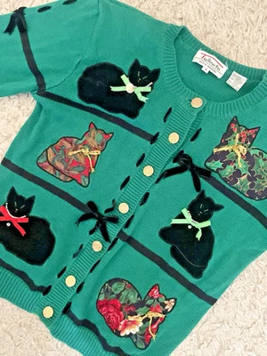 Cárdigan suéter vintage Talbots Susan Bristol Navidad gato cuentas adornadas S Foto 1 de 4