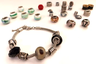 Armband Beads Set Lampwork große Perlen silber variabel 19,5-22cm lang Retro - Bild 1 von 4