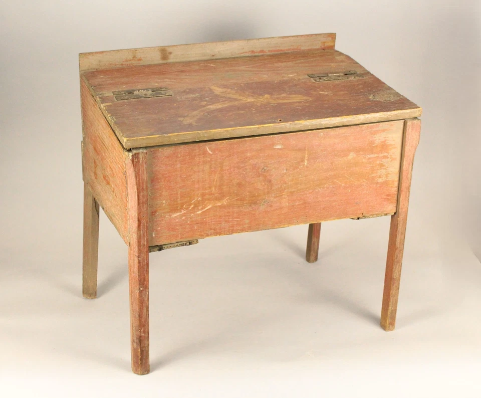 = Antique 18th c.  Primitive Raised Pine Chest / Bible Box  Salmon Painted - Image 1 of 4