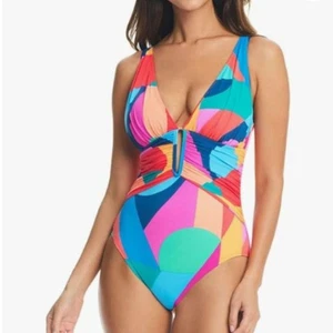 Bleu Rod Beattie One-Piece Swimsuit Women Size 12 Molded-Cup ColorBlock Ruched - Picture 1 of 9