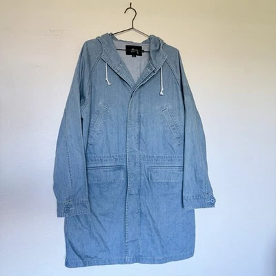 Винтажный Stussy XL Chore куртка Duster Тренч с капюшоном 100% хлопок редкая джинсовая ткань - Изображение 1 из 4