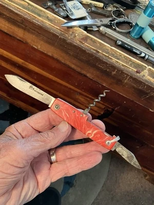 Vntg 208 MAUBERT FRANCE 3-Bld Multi-Tool BLOOD SWIRL Hndls Crkscrew Pocket Knife - Image 1 of 4