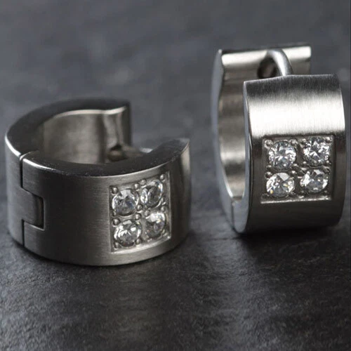 1 Paio Acciaio Inox Orecchini a Cerchio Argento Zirconi Cristallo Opaco - Immagine 1 di 1