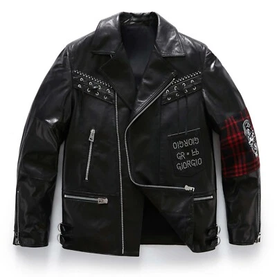 Mens Punk Rock Studded Leather Jacket Black Red Plaid Patchwork Biker Moto Style - Image 1 of 4