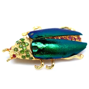 Gemstone Red Ruby, Chrome Diopside Jewel Beetle Wings Brooch 925 Sterling Silver - Picture 1 of 4