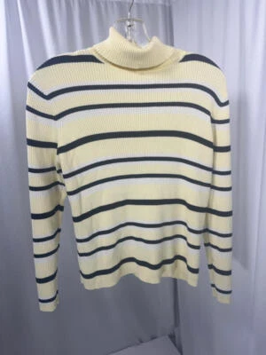 Suéter Karen Scott Para Mujer Pequeño Mediano Amarillo Azul Marino Rayas Cuello Tortuga Acanalado Foto 1 de 4