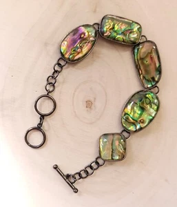 Vintage Abalone Bracelet 925 Signed Luc=Lucas Lameth 7.5-8" Toggle Clasp - Picture 1 of 9