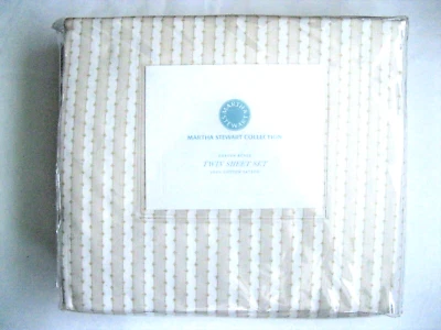 Martha Stewart Collection Twin Sheet Set 100% Cotton Sateen Tan Striped NEW - Image 1 of 4