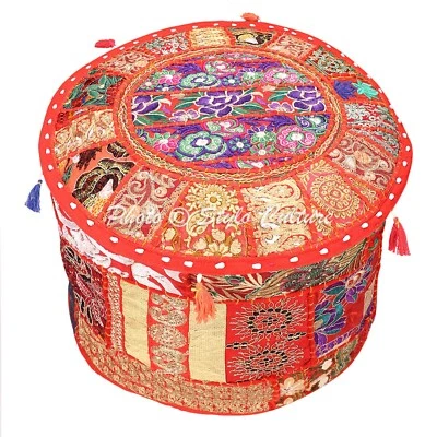 Indian Round Vintage Ottoman Patchwork Embroidered Pouf Cover Bohemian 16" Red - Image 1 of 3