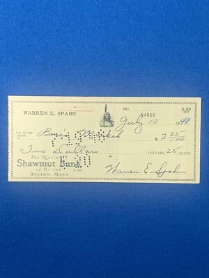 WARREN SPAHN HOF SIGNED PERSONAL CHECK W.S. CHAMPS  MILWAUKEE BRAVES 363 WIN PSA - Image 1 of 4