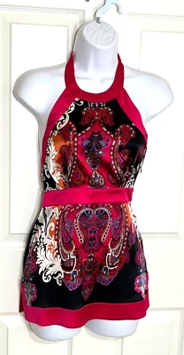 Blusa/top con soporte Bebe negra/fucsia estampado cachemira, seda - talla pequeña Foto 1 de 4