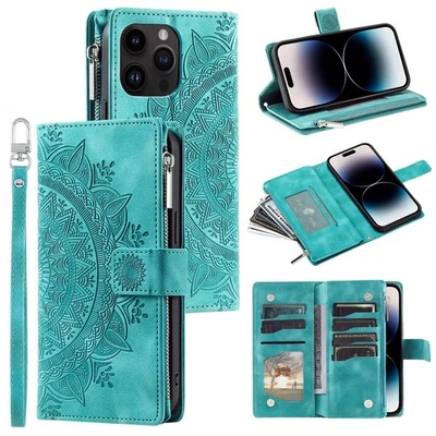 Zipper Leather Wallet Card Embossed flip back Case iPhone 17 air 17 Pro 17 Max - Image 1 of 4