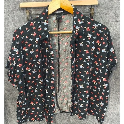 Hot Topic Mushroom/Butterfly Pattern Black Button Up Shirt Unisex Size XL - Image 1 of 4