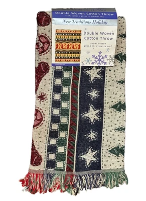 Vintage Sears Throw Blanket Christmas Holiday Double Woven Cotton 48" x 60" - Image 1 of 4