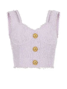 BALMAIN Womens Purple Lined Dual Straps Sleeveless Scoop Neck Crop Top 42 - Picture 1 of 4