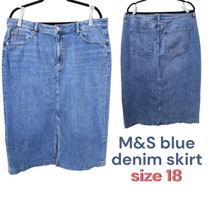 M&S UK size 18 Jean Denim Blue Pencil Midi Skirt Front Vent, good preloved cond. - Picture 1 of 8